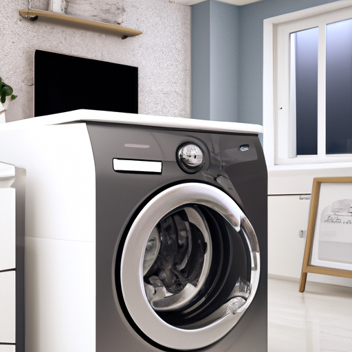 תמונה המציגה מכונת כביסה מלוטשת ומודרנית של אלקטרולוקס בחדר כביסה מעוצב להפליא.