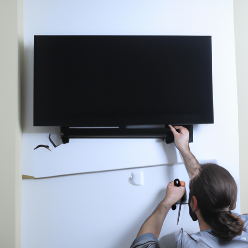 3. סדרת תמונות שלב אחר שלב המציגה את תהליך תליית הטלוויזיה על הקיר.